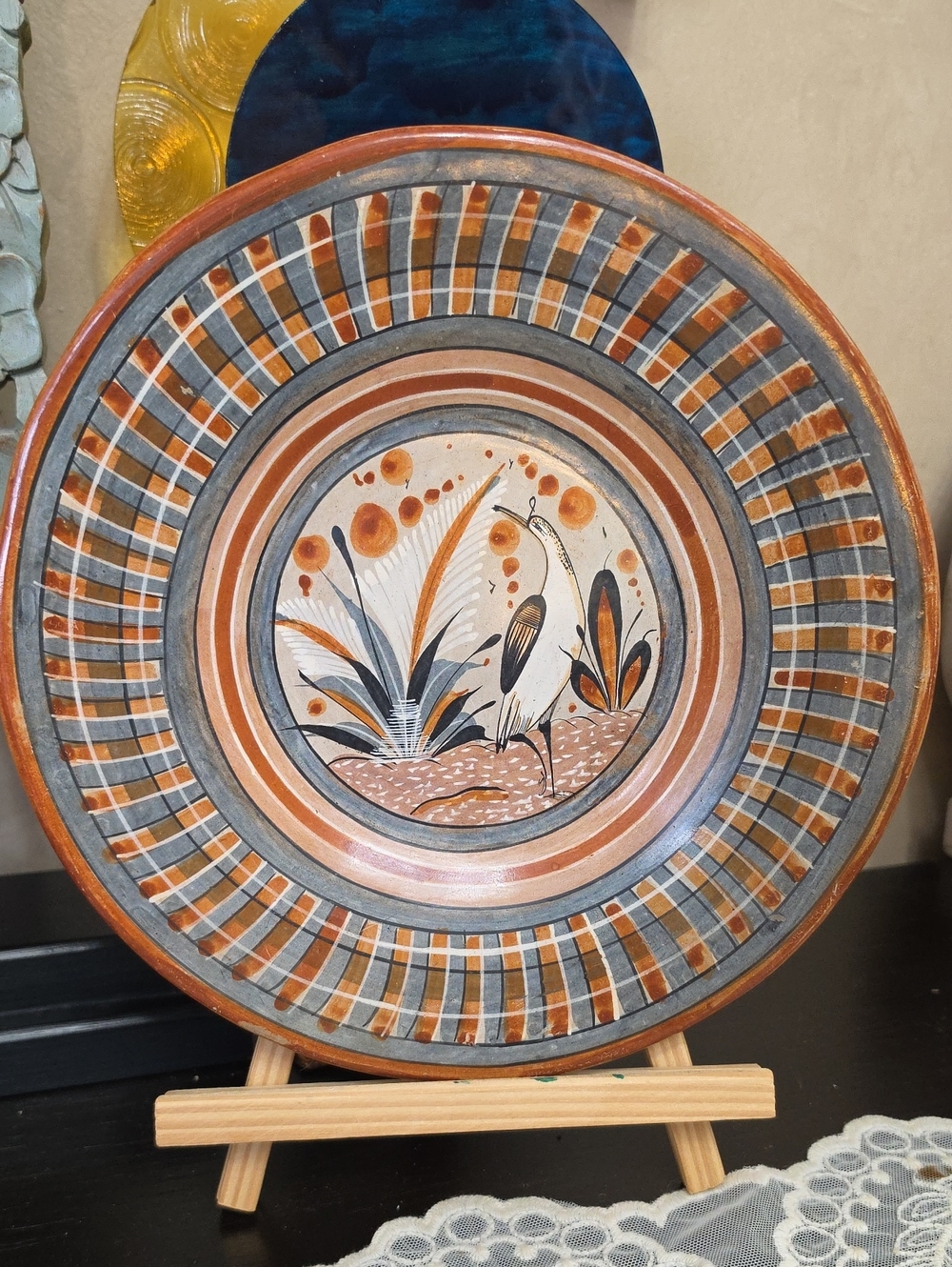vintage Tonalá burnished pottery plate from Jalisco, Mexico, By V. Silva